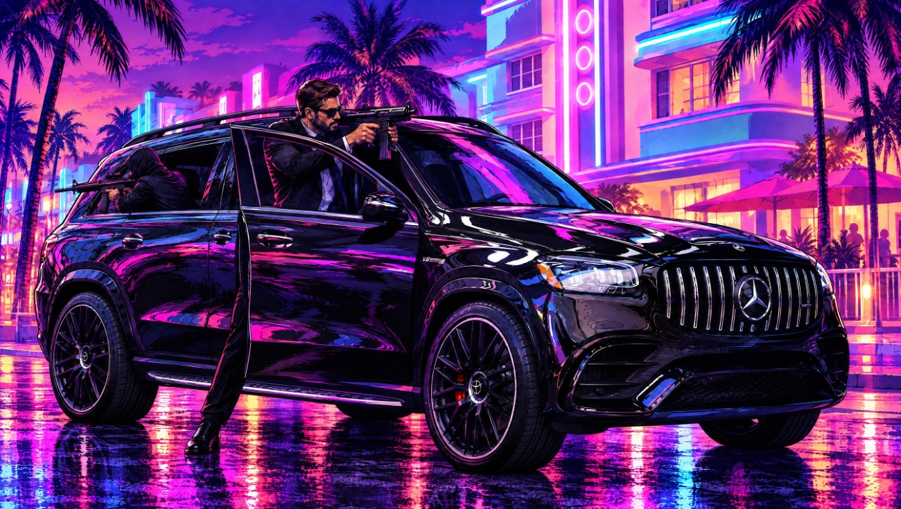 Black luxury SUV under neon on the hotel strip